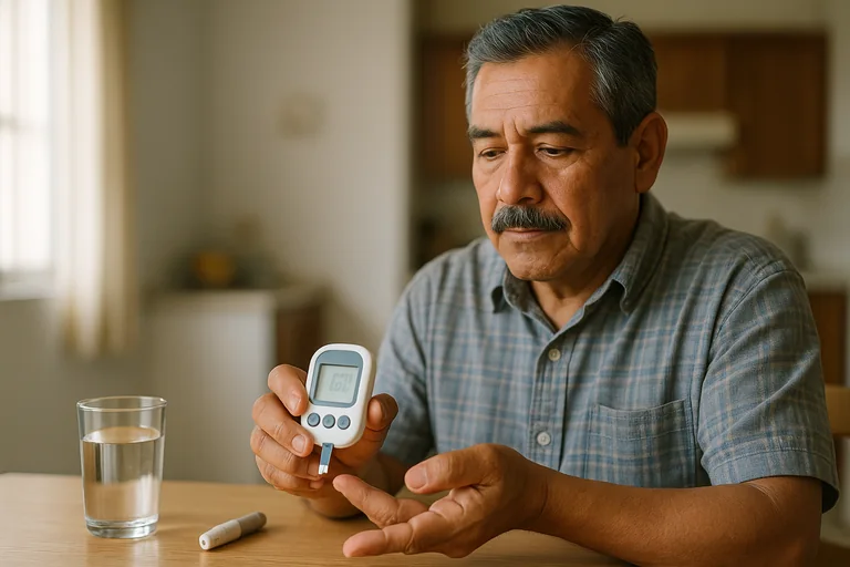 Hombre de unos 55 años revisa los síntomas de glucosa alta con un glucómetro en su cocina