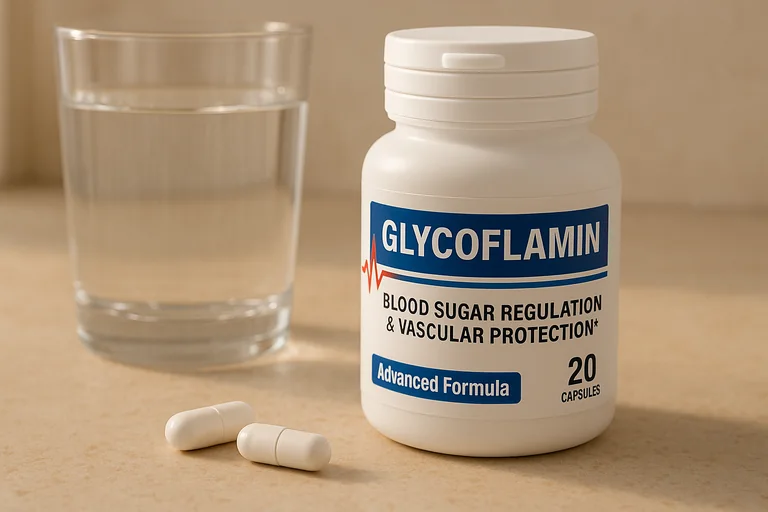 Cómo tomar Glycoflamin: dos cápsulas al día con un vaso de agua, junto al bote de 20 cápsulas